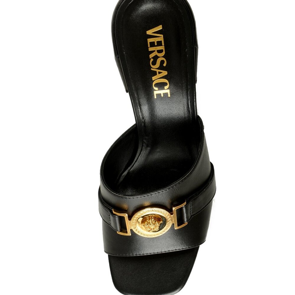Versace Women's Black 100% Leather Gold Medusa Mules Sandals Shoes US 7 IT 37 - Picture 7 of 8